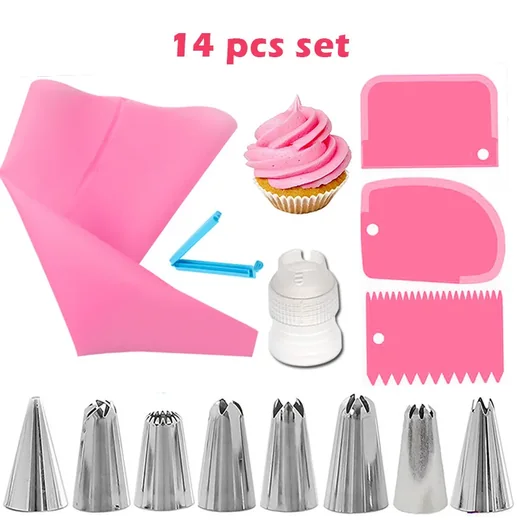 Le kit poche à douille Doucelia 14 pièces : poche silicone rose, douilles inox, coupleur et lisseurs